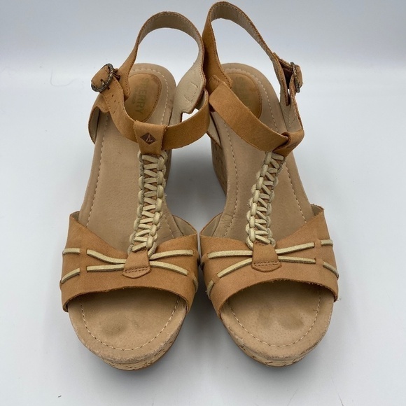 SPERRY tan leather cork wedge sandals size 10 - Picture 2 of 11